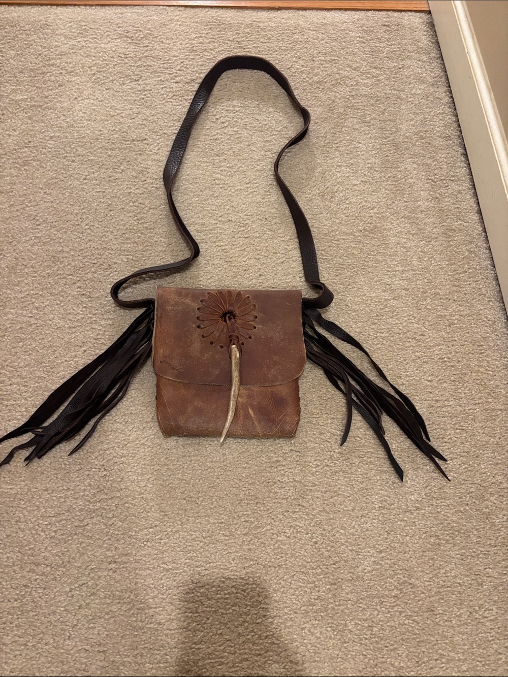 Jimmi Wz Distressed Brown Leather Fringe Crossbody with Floral Cutout